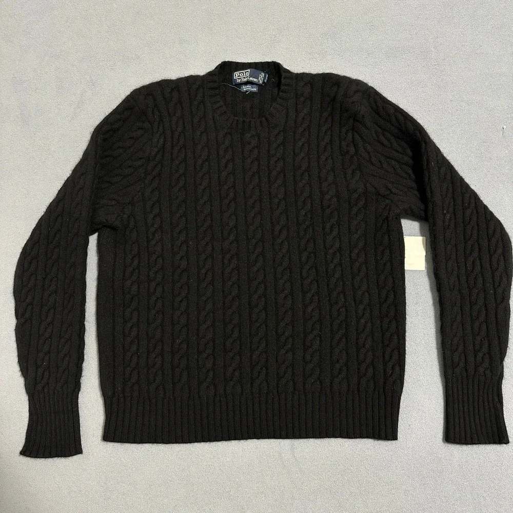 Polo Ralph Lauren‎ Cable Knit Wool Cashmere Sweater Long Sleeve Black Mens XL